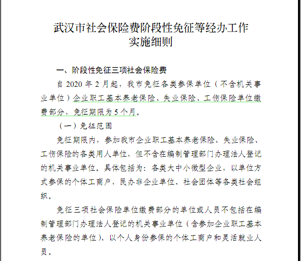 武汉确定阶段性免征社保费用方案相关文件内容
